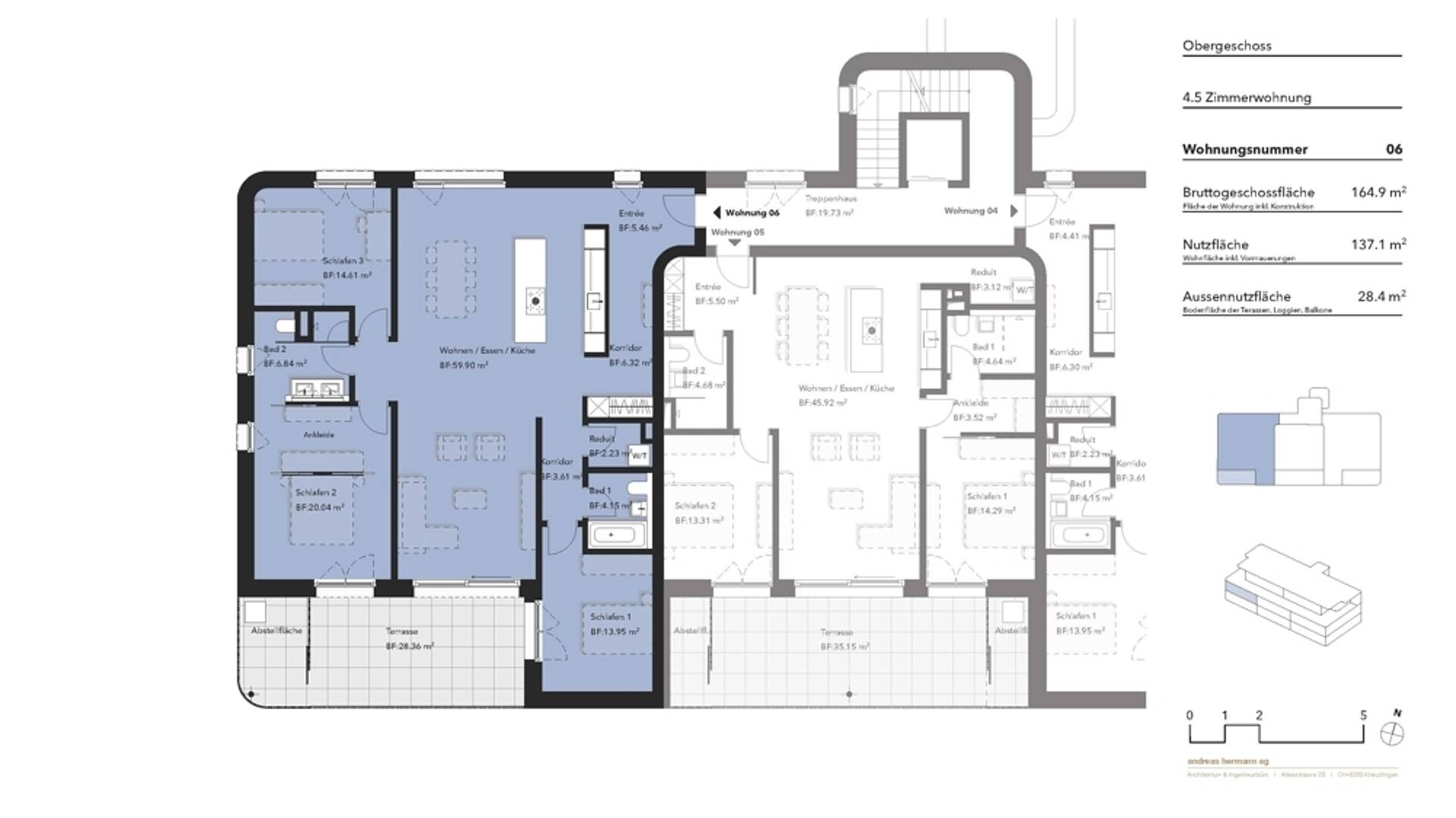 Grundriss einer 4,5-Zimmer-Wohnung im Obergeschoss