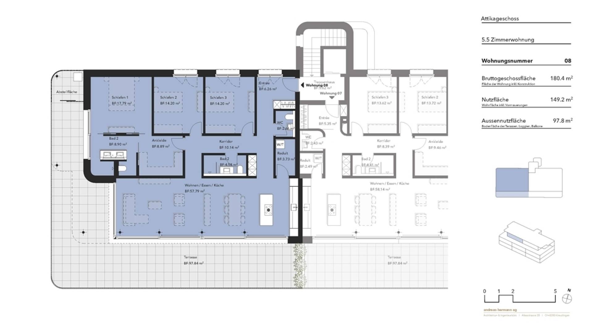 Grundriss einer Attikageschoss-Wohnung