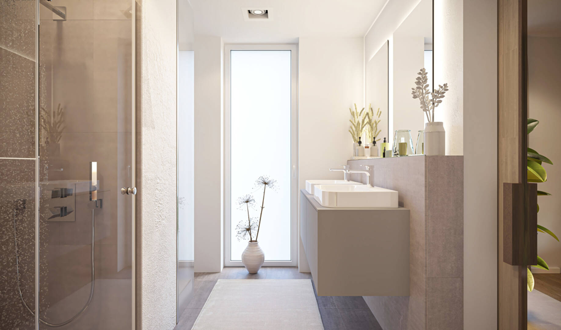 Helles, modernes Badezimmer mit Duschbereich und Doppelwaschtisch