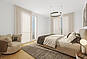 Helles Schlafzimmer mit Doppelbett und Schrank