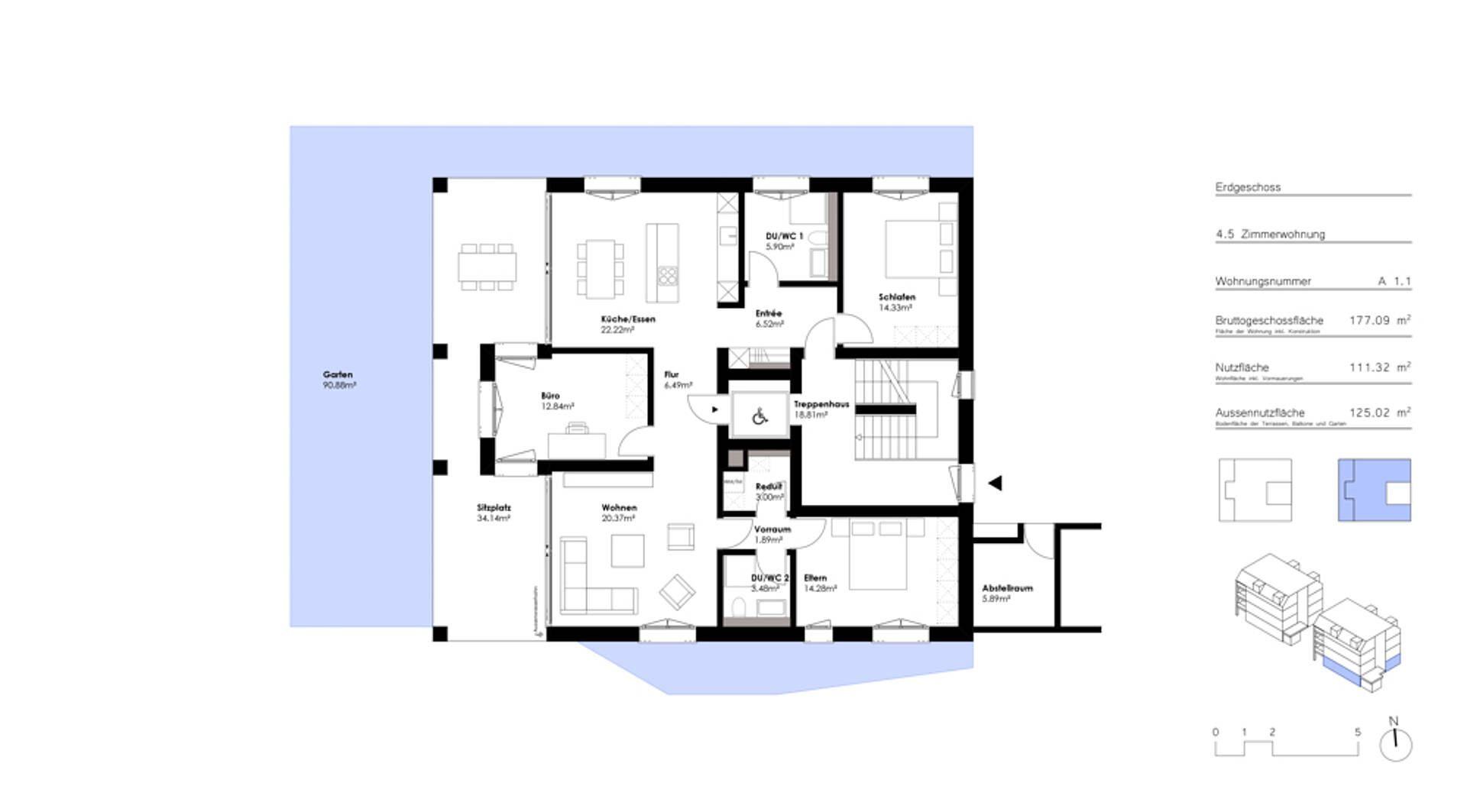 Grundriss einer 4,5-Zimmer-Wohnung mit Gartenanteil