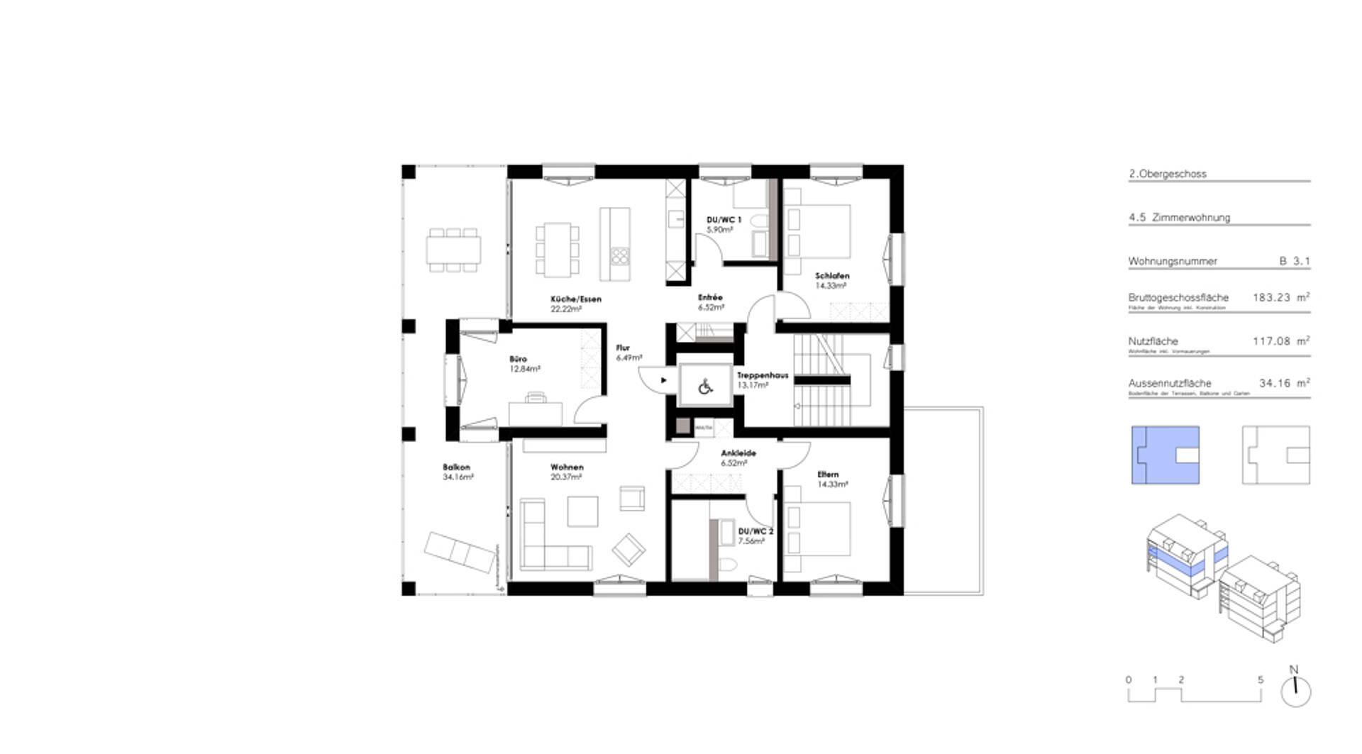 Grundriss einer 4,5-Zimmer-Wohnung im 2. Obergeschoss