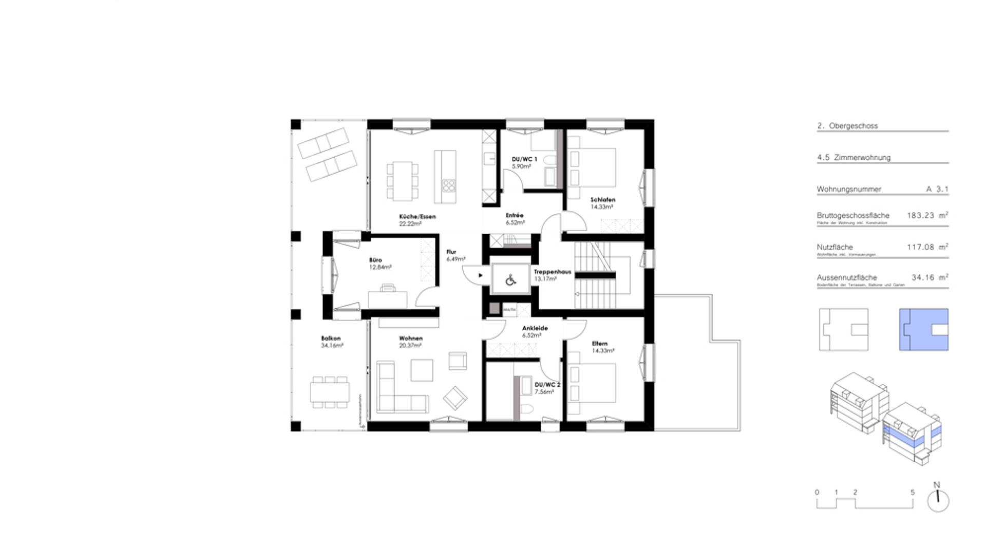 Grundriss einer 4,5-Zimmer-Wohnung im 2. Obergeschoss