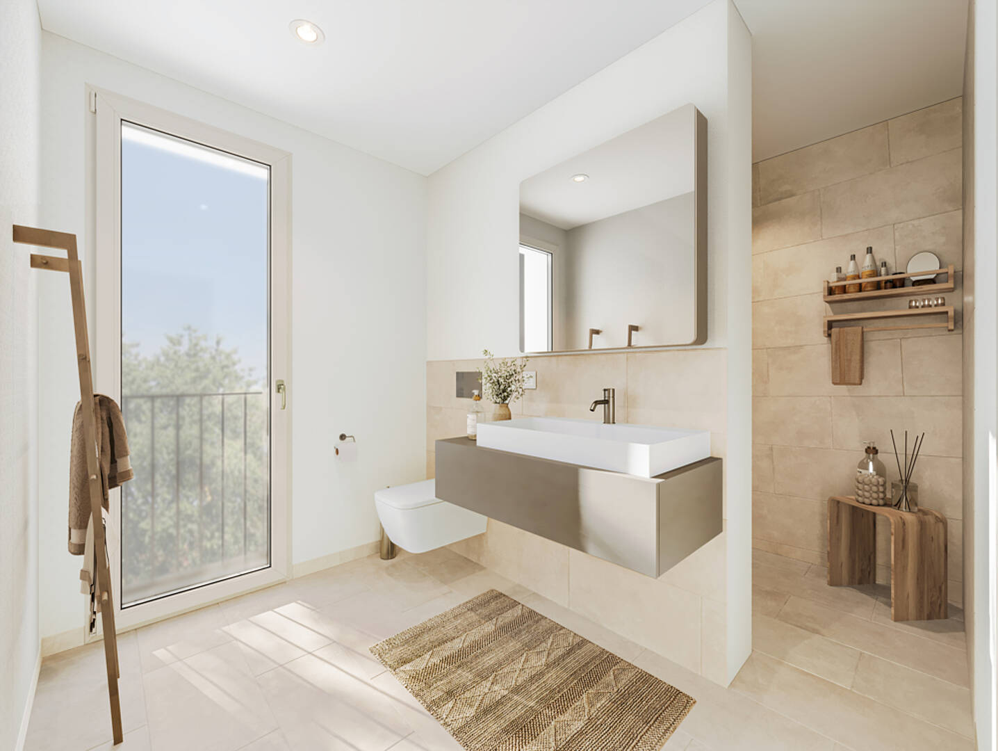 Helles modernes Badezimmer mit bodentiefem Fenster