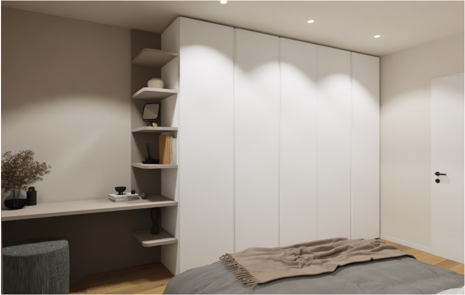 Schlafzimmer mit Einbauschrank und Arbeitsnische