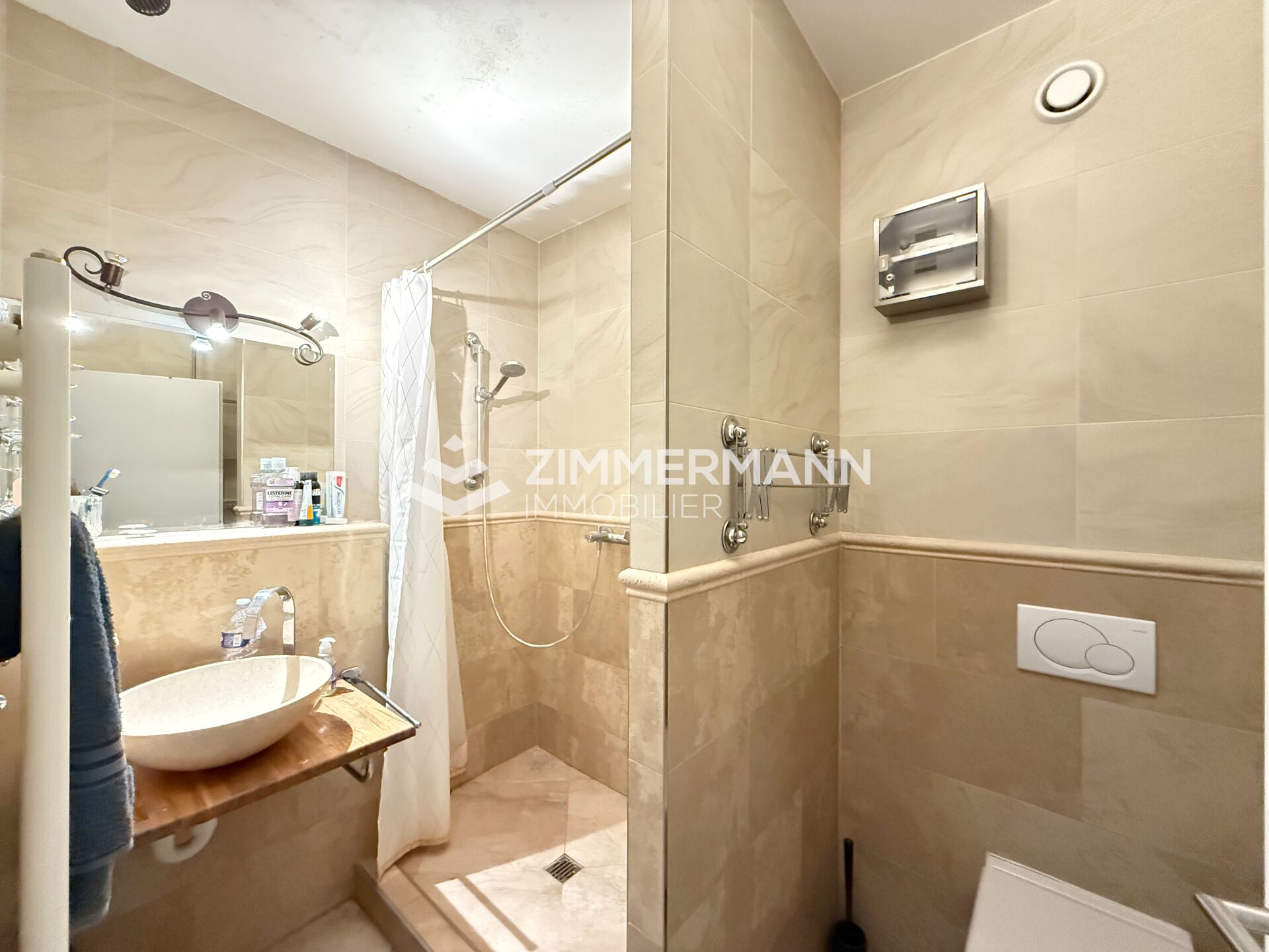 Modernes Badezimmer mit begehbarer Dusche und Waschtisch