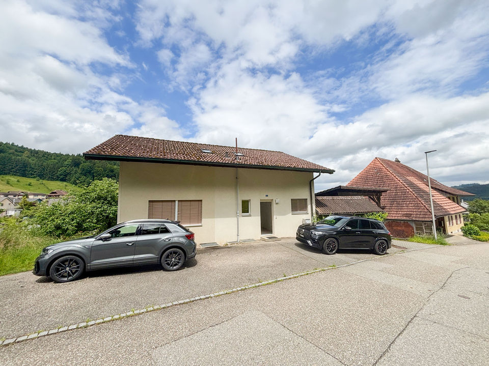 Außenansicht eines Wohnhauses mit Zufahrt