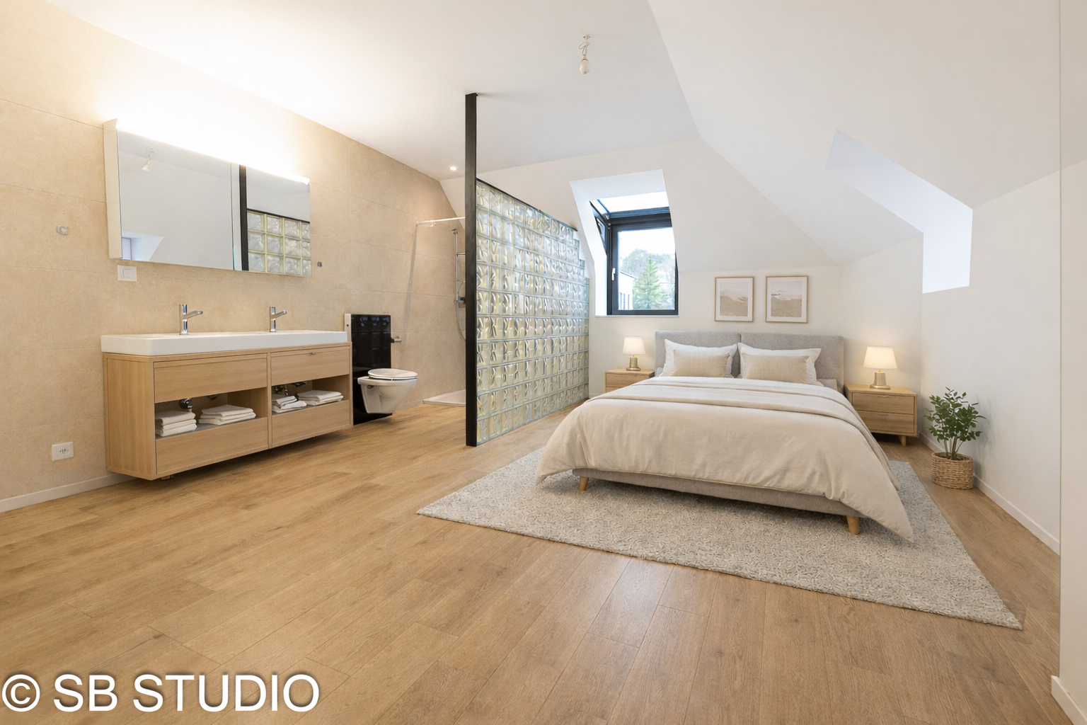 Helles Schlafzimmer mit offen integriertem Bad