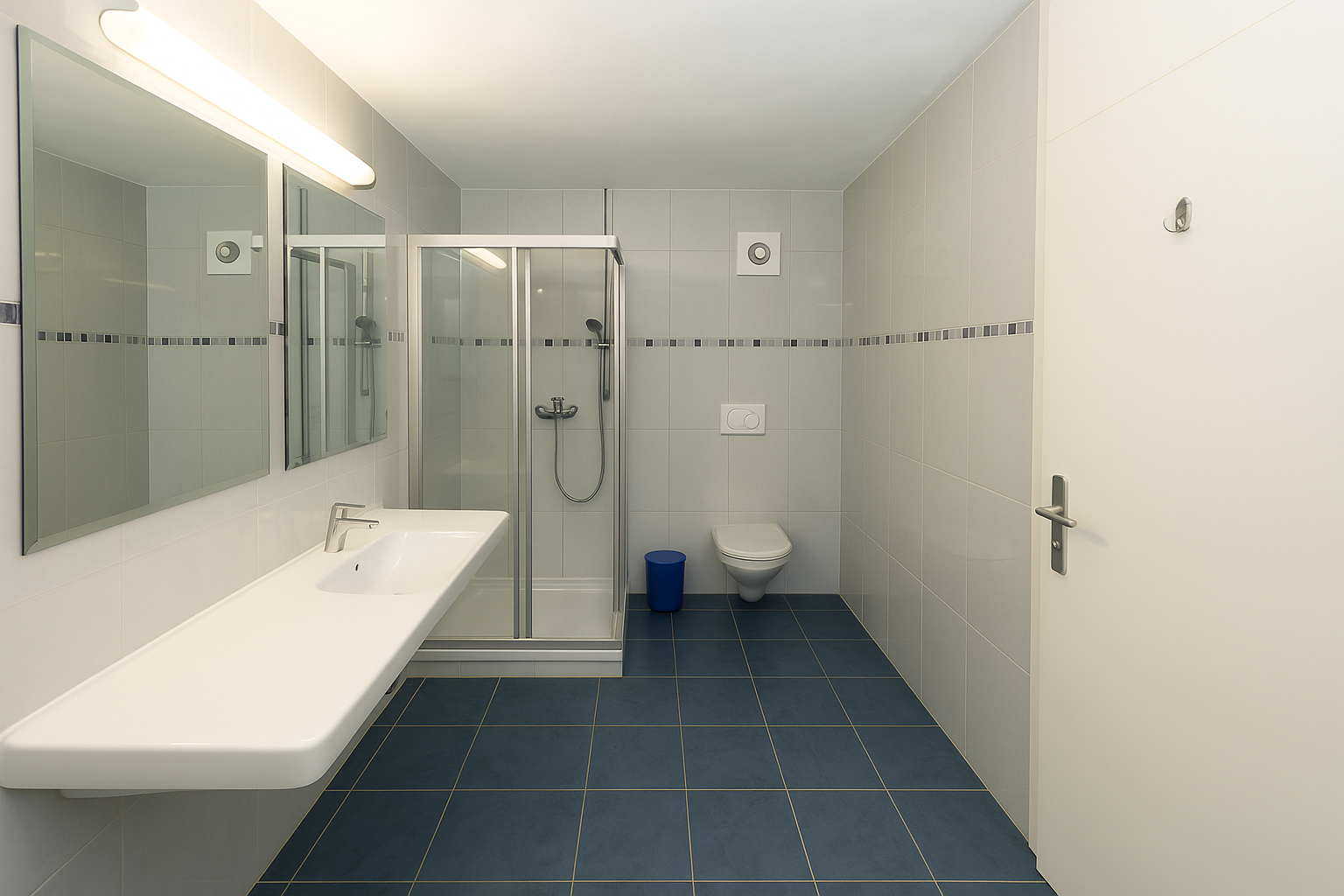 Modernes Badezimmer mit Dusche, Waschtisch und WC