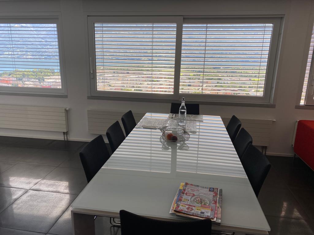 Heller Essbereich mit großem Tisch und Blick nach draußen