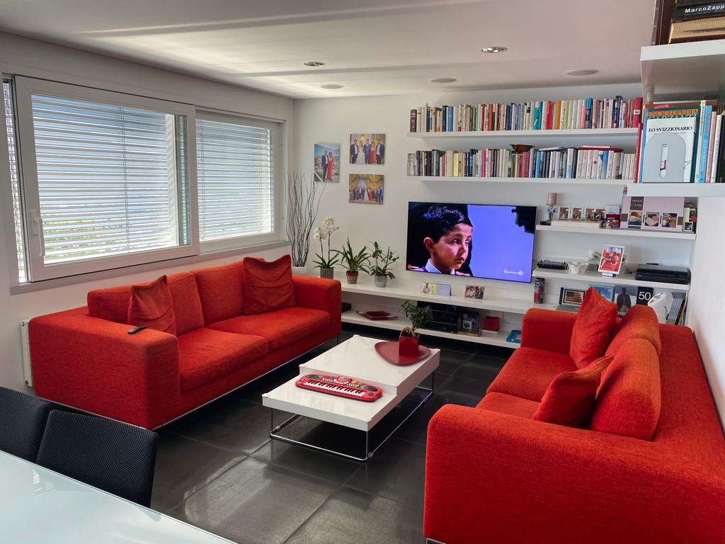 Modernes Wohnzimmer mit roten Sofas und Wandregalen