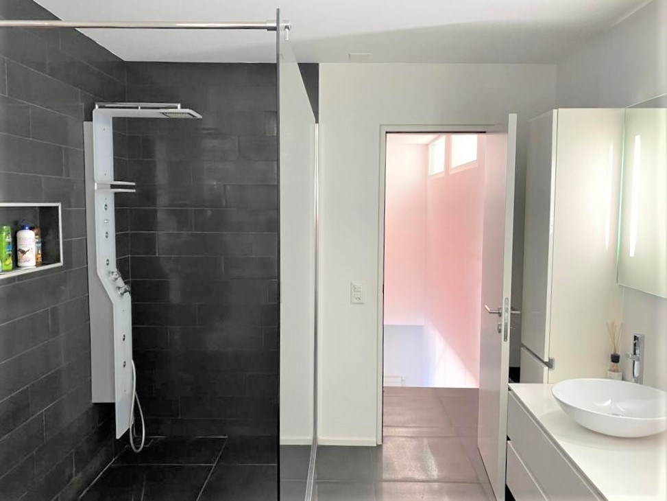 Modernes Badezimmer mit begehbarer Dusche und Waschtisch