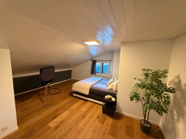 Dachgeschoss-Schlafzimmer mit TV und Bett