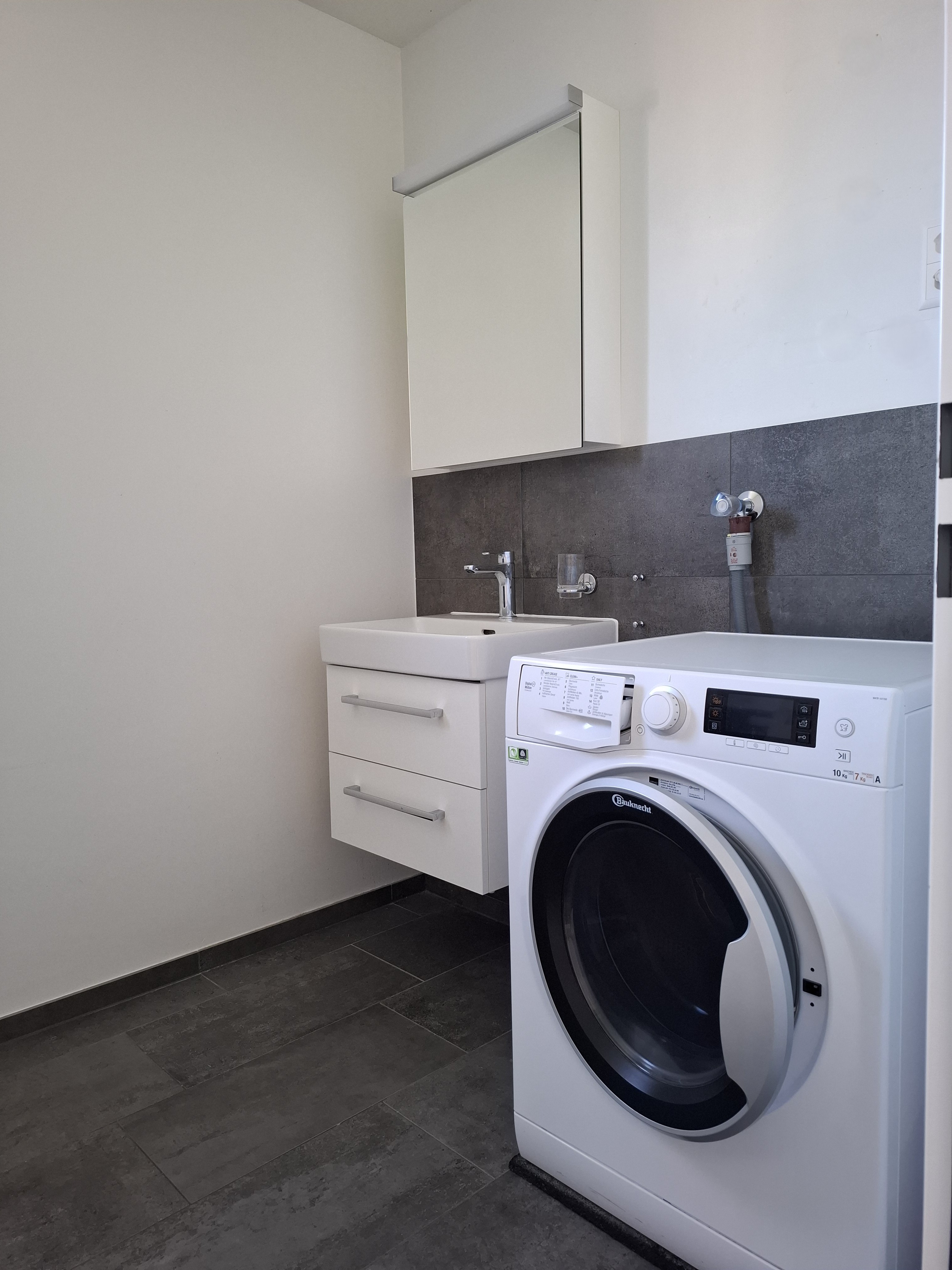 Hauswirtschaftsraum mit Waschmaschine und Waschbecken