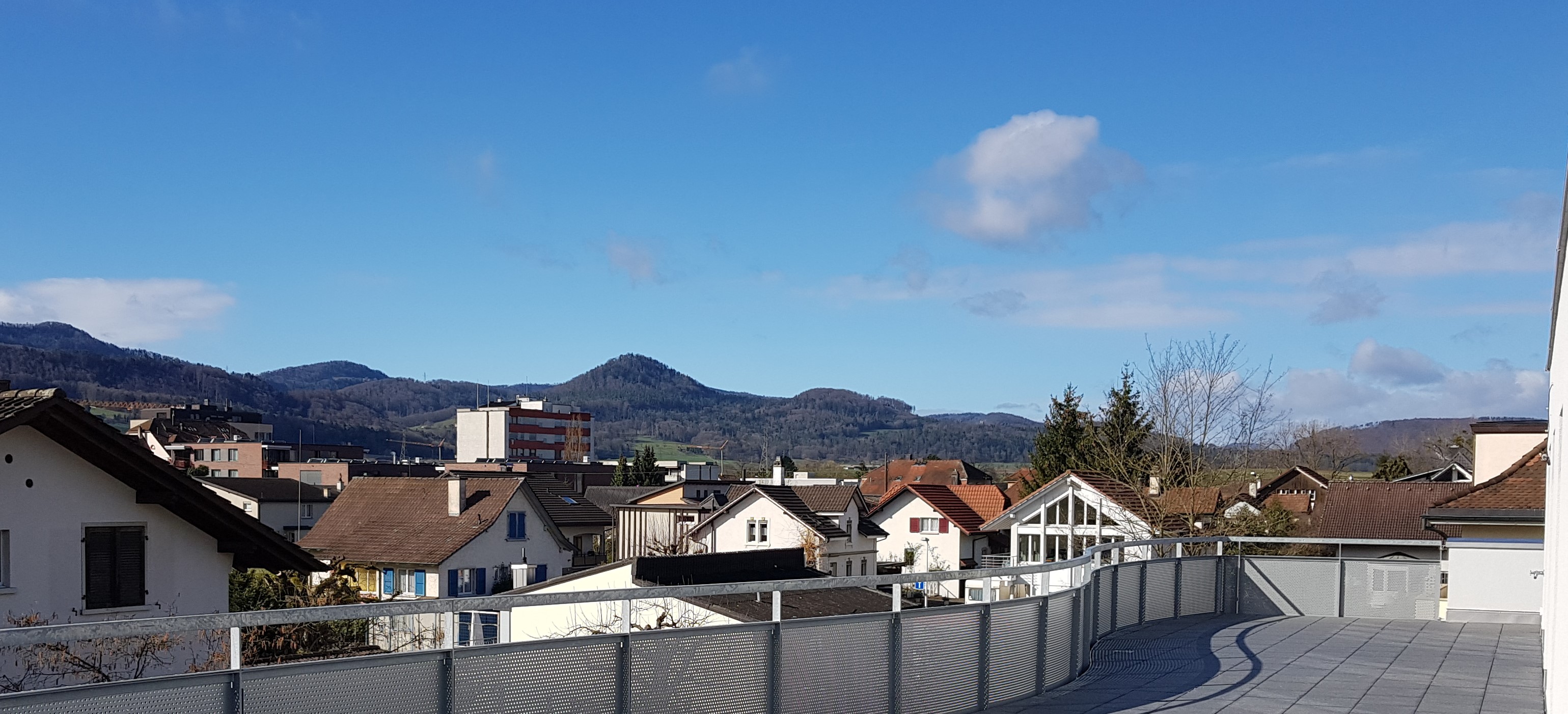 Dachterrasse mit Ausblick über Wohngebiet und Berge