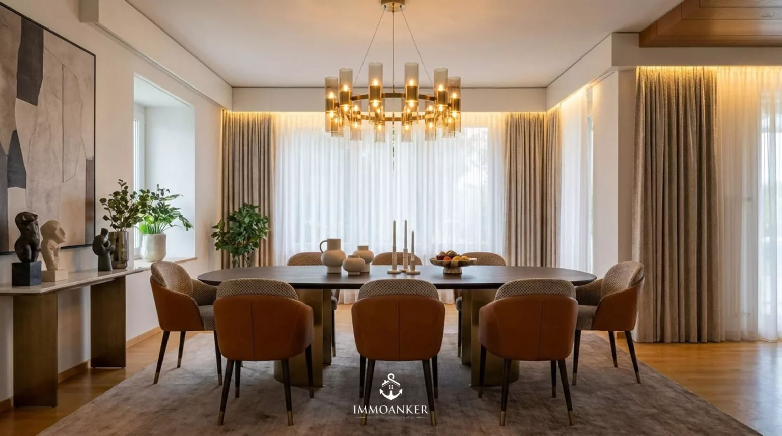 Elegantes Esszimmer mit Designerbeleuchtung