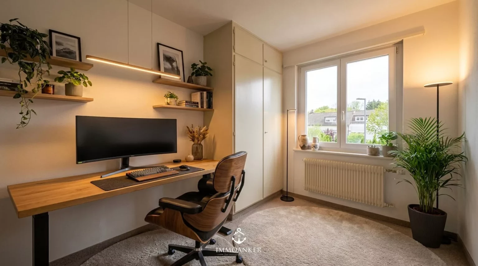 Helles Homeoffice mit Fenster und Einbauschrank
