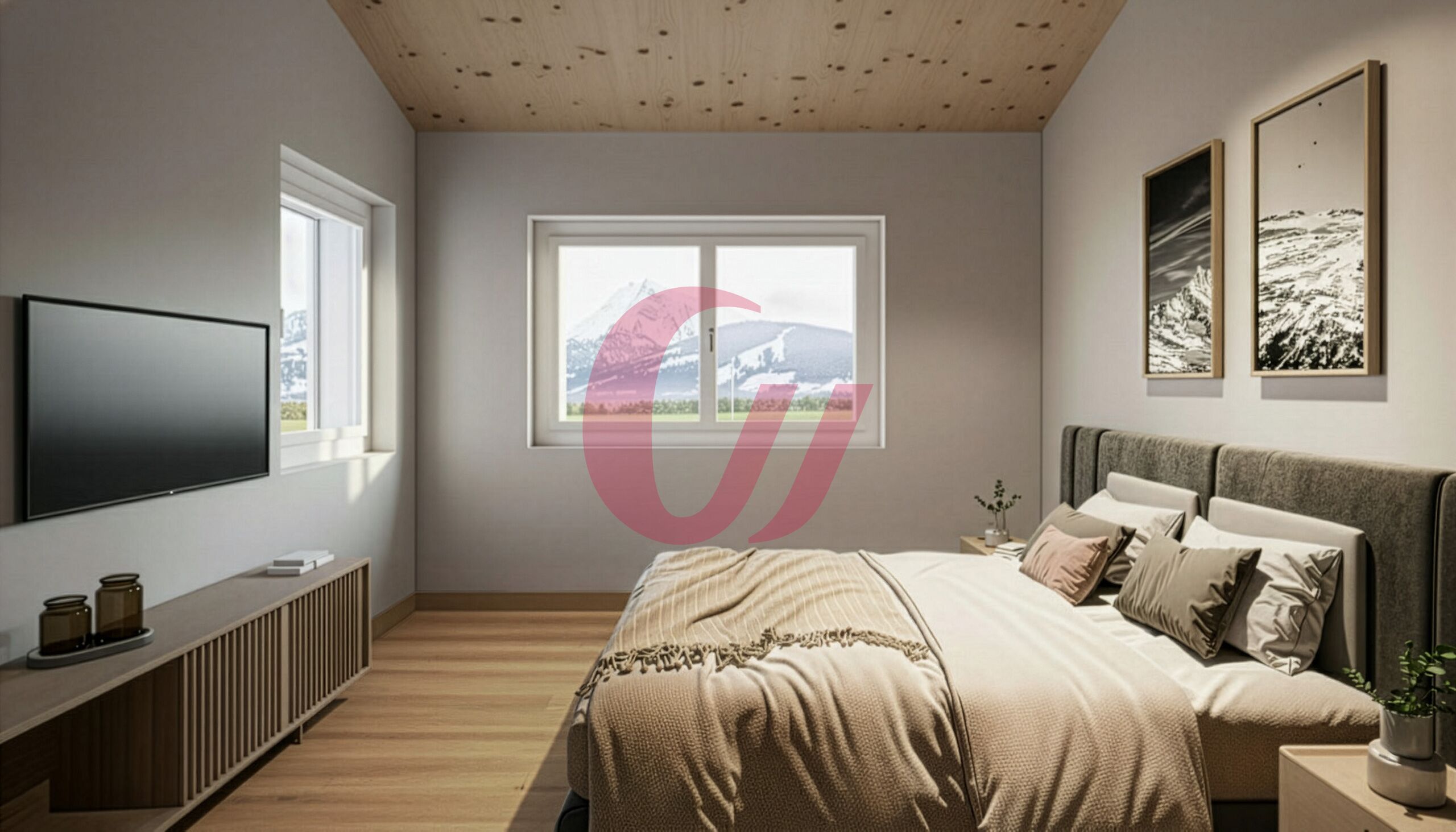 Modernes Schlafzimmer mit Bergblick