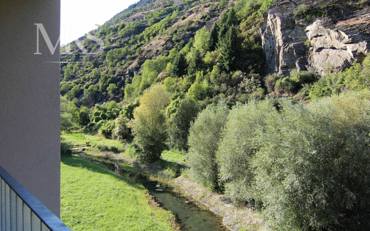 Blick auf grünes Tal mit Bach und Felswand