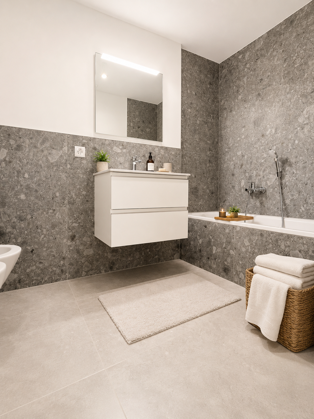 Modernes Badezimmer mit grauen Natursteinfliesen