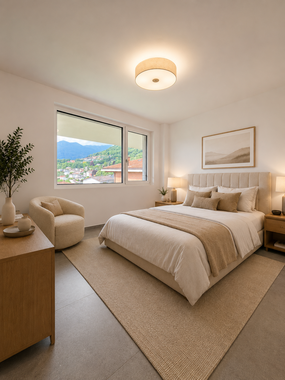 Helles, minimalistisches Schlafzimmer mit Bergblick