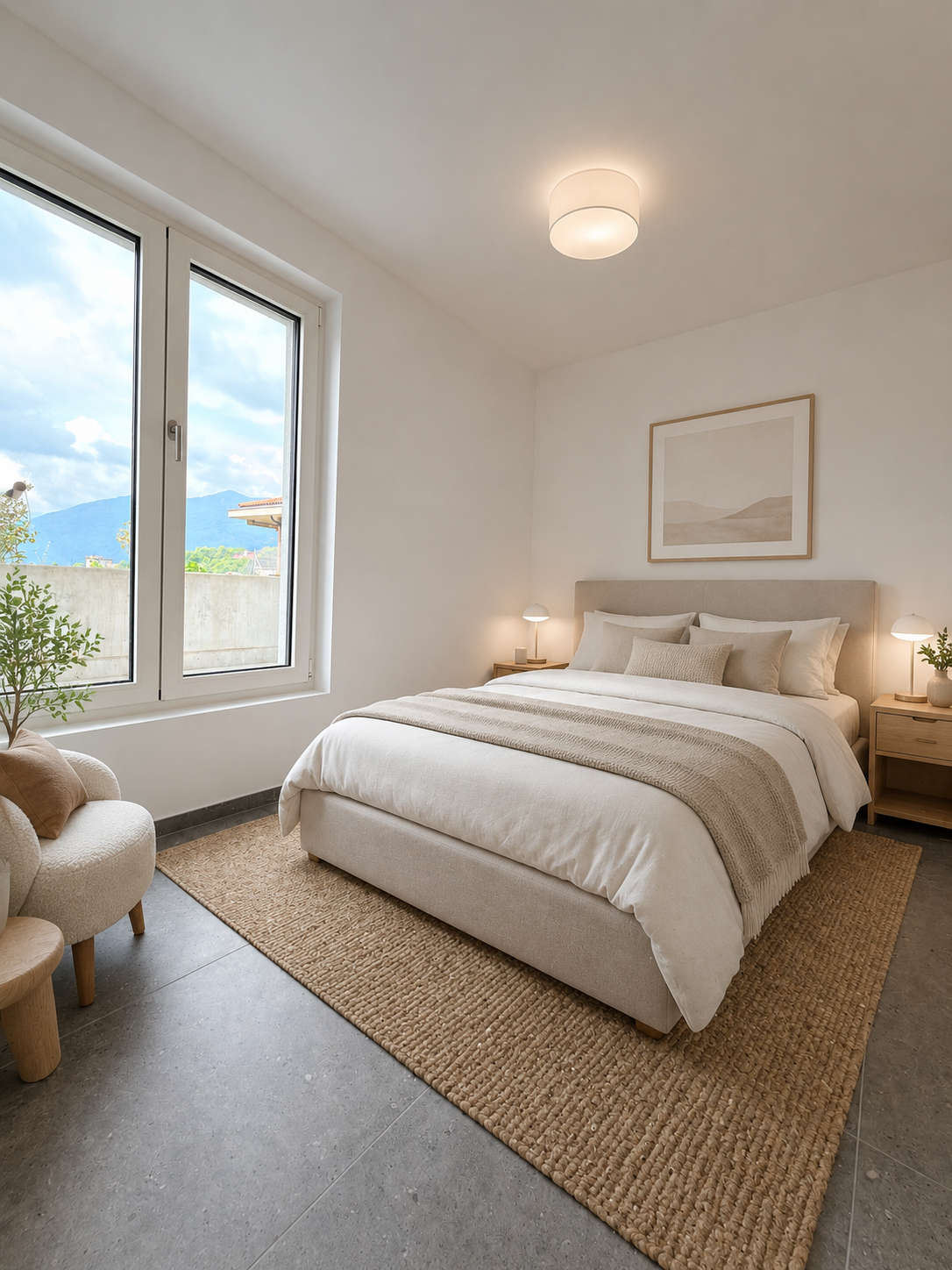 Helles, minimalistisches Schlafzimmer mit Bergblick