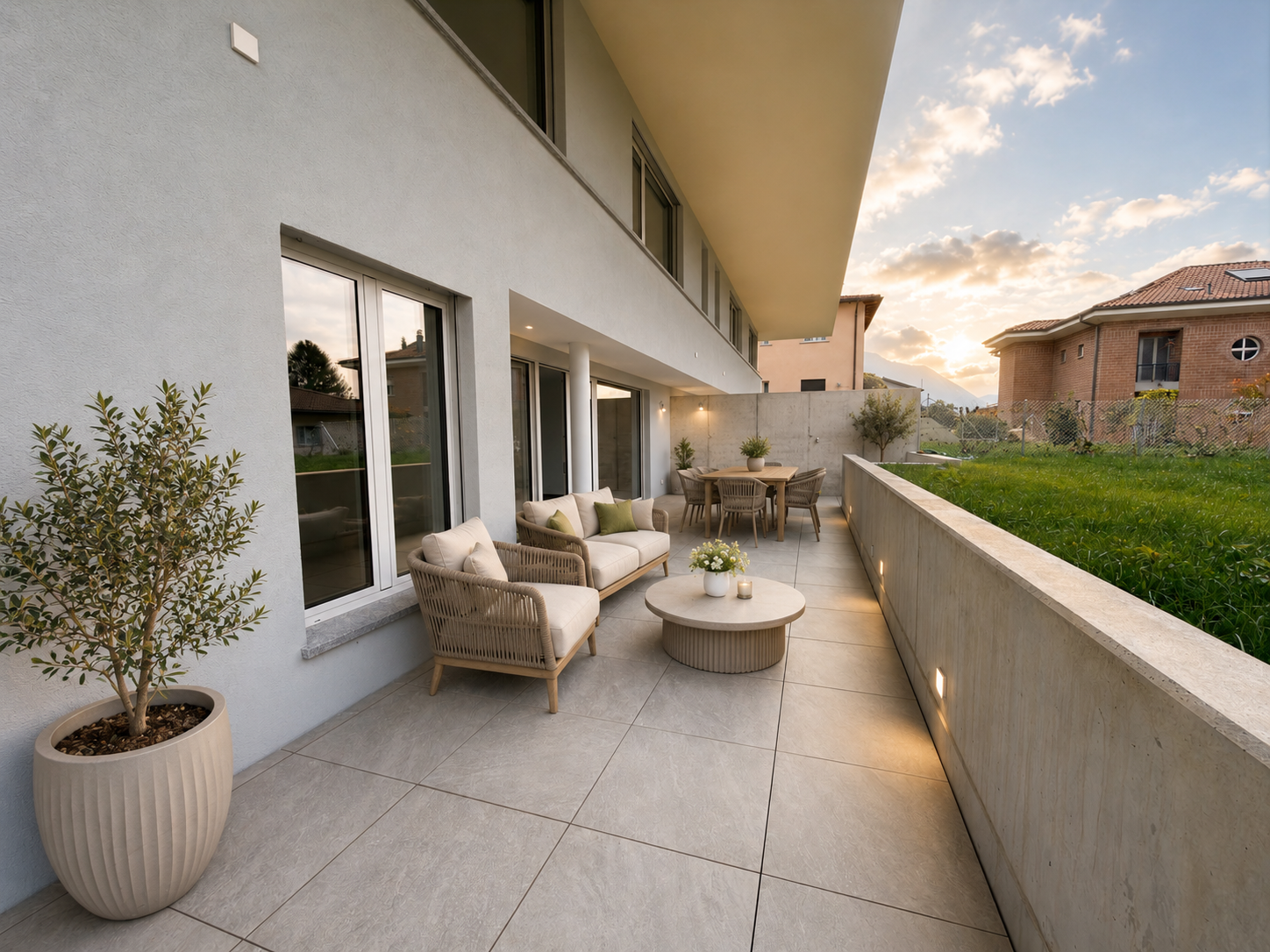 Moderne Terrasse mit Lounge-Möbeln