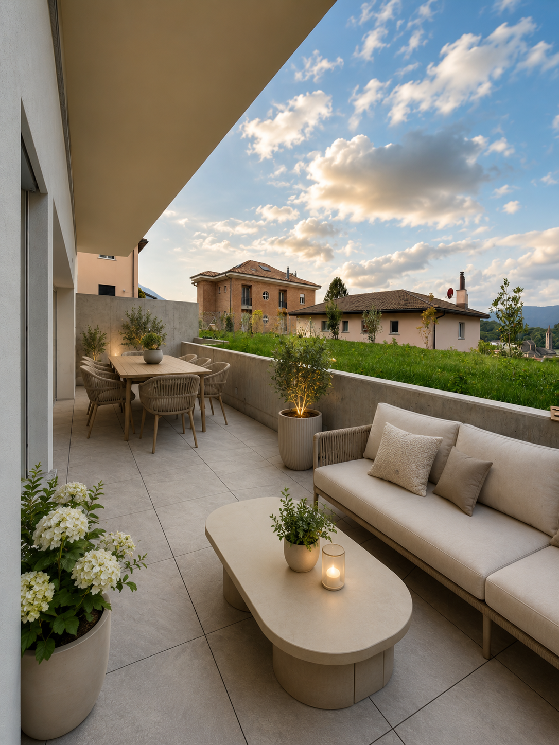 Große, modern eingerichtete Terrasse mit Gartenblick