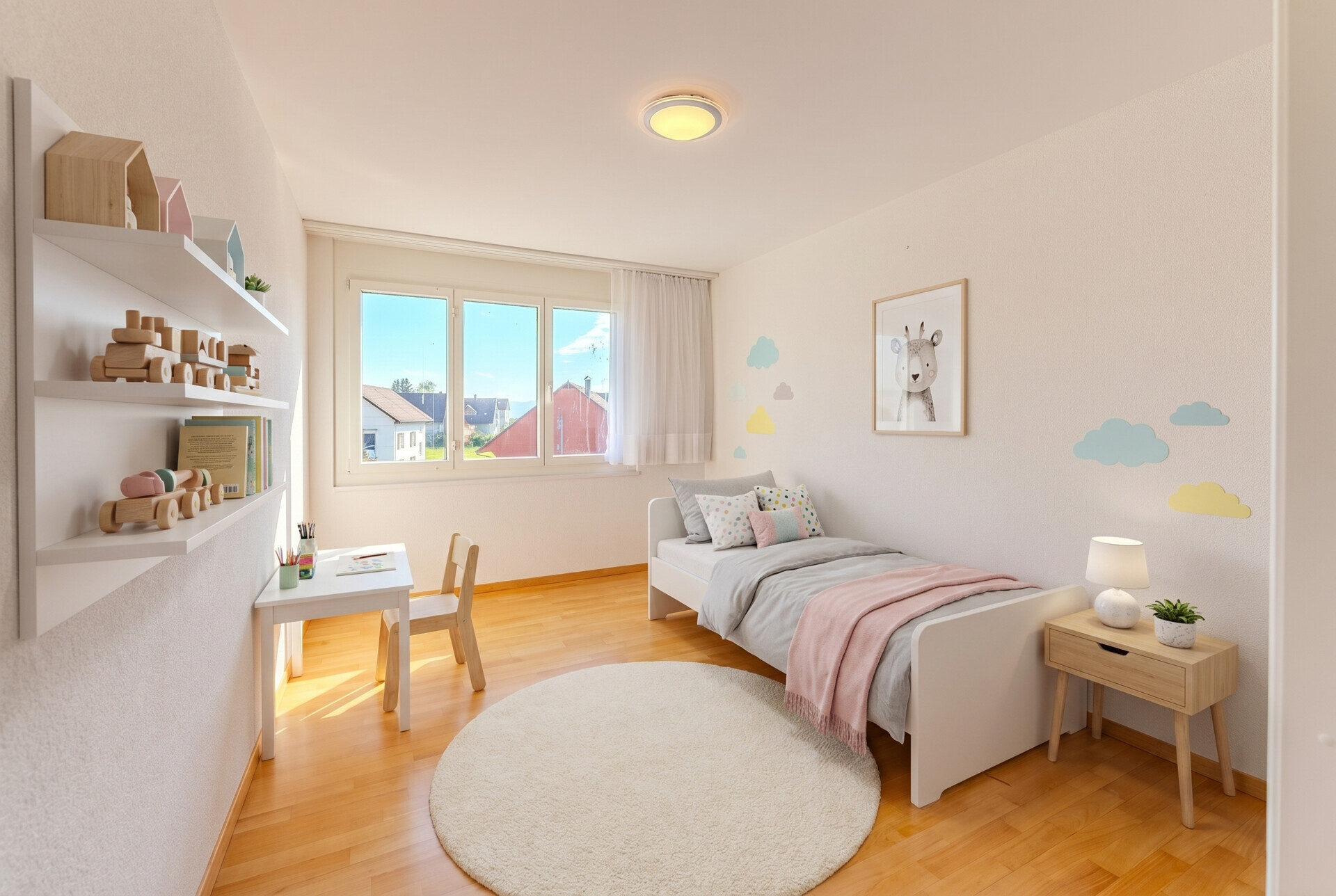 Helles Kinderzimmer mit Spiel- und Schlafbereich