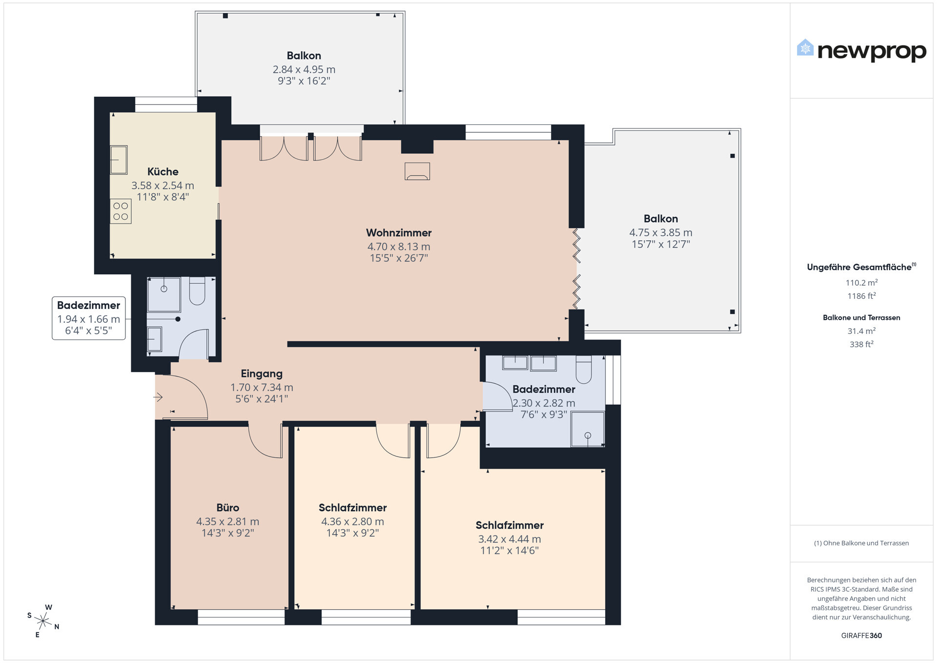 Grundriss einer Wohnung mit Balkon