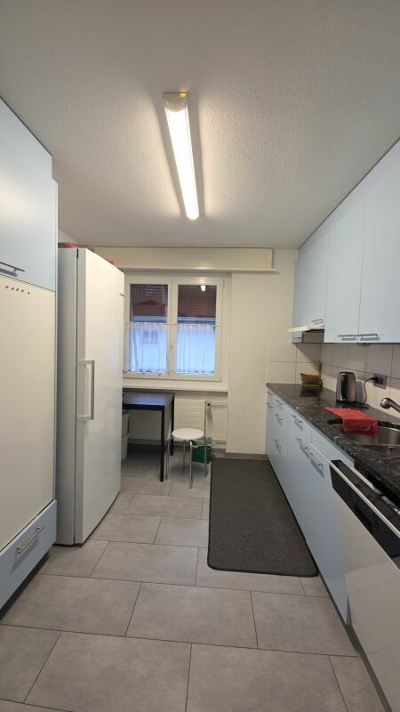 Schmale weiße Einbauküche mit Fensterfront