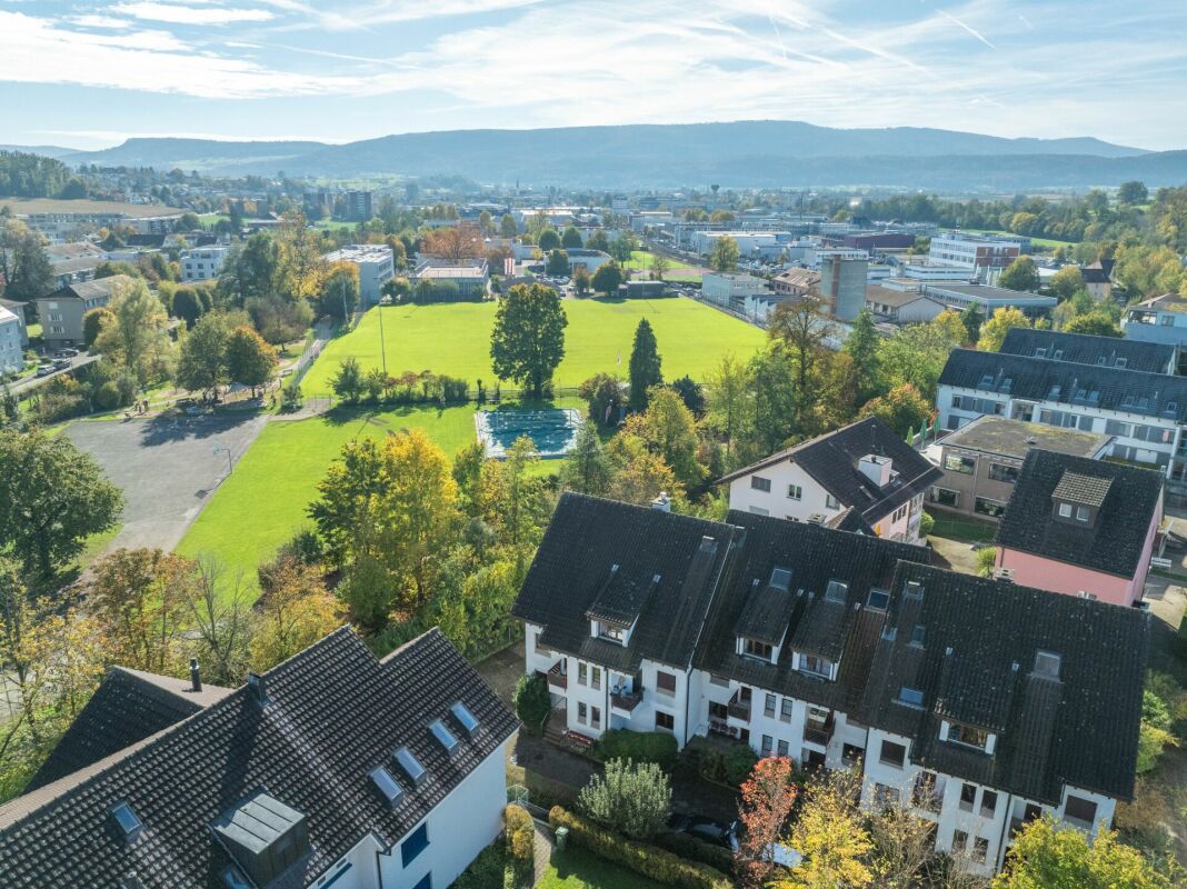 Luftaufnahme über Wohngebiet mit Parkanlage