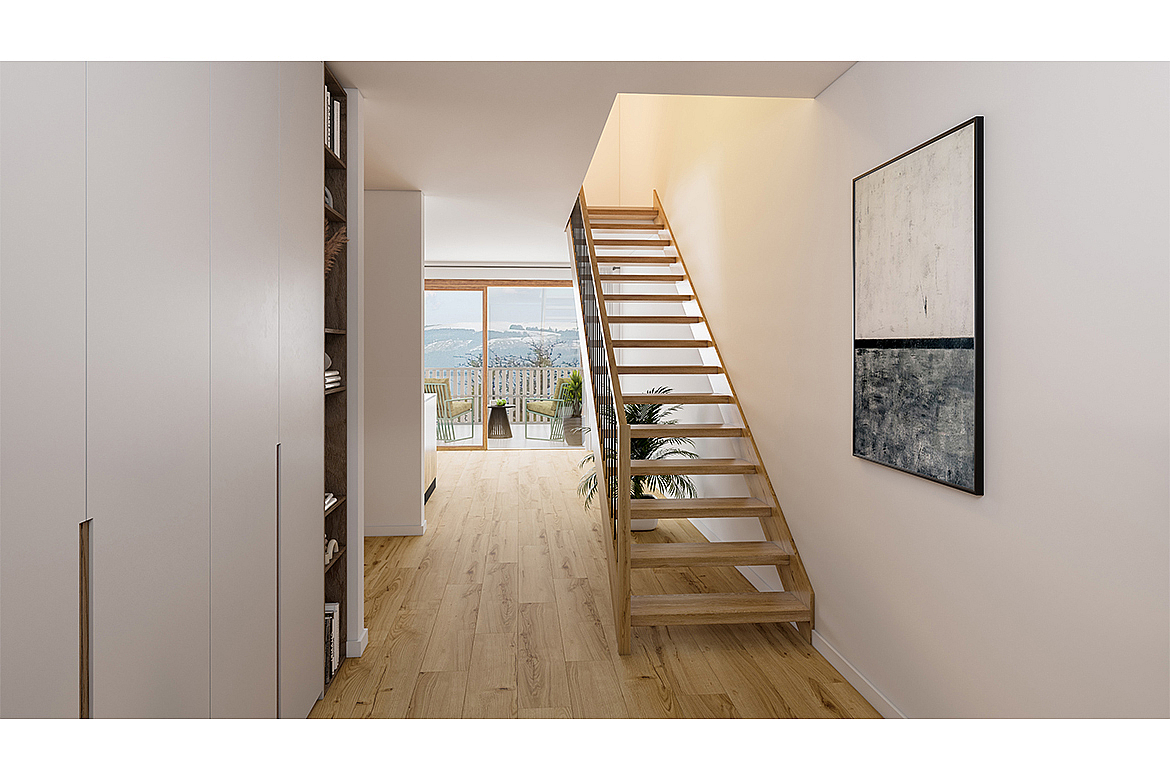 Moderner Flur mit offener Holztreppe und Blick ins Licht
