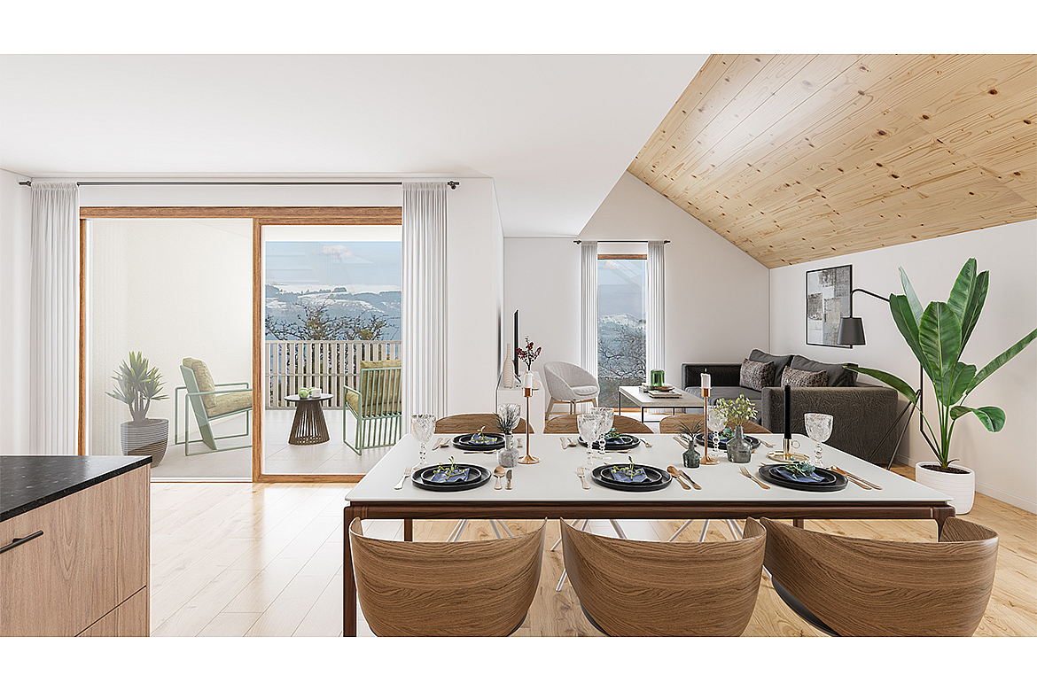 Offener Wohn- und Essbereich mit Balkon