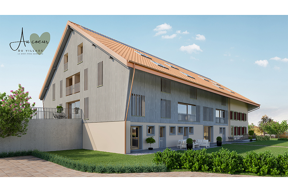 Mehrfamilienhaus mit geneigtem Satteldach und Gartenansicht