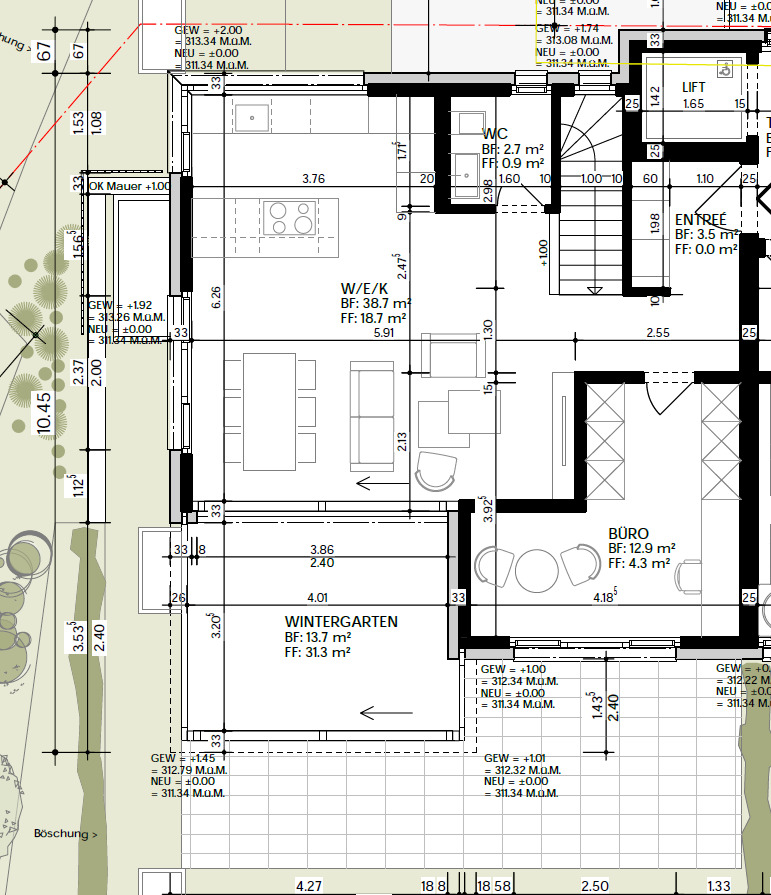 Grundriss mit Wintergarten, Büro, Lift und Entrée