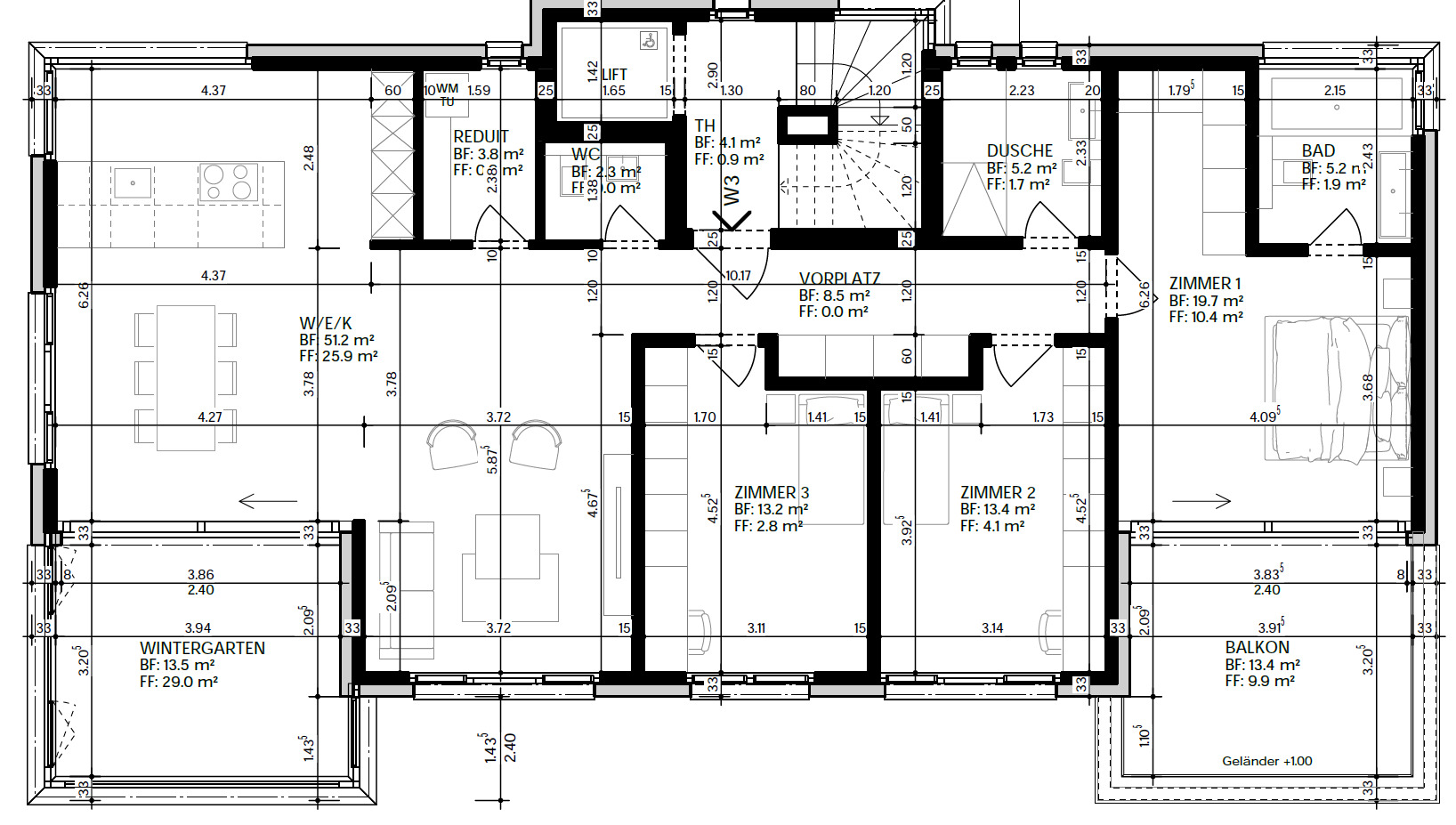 Grundriss einer Wohnung mit Wintergarten und Balkon