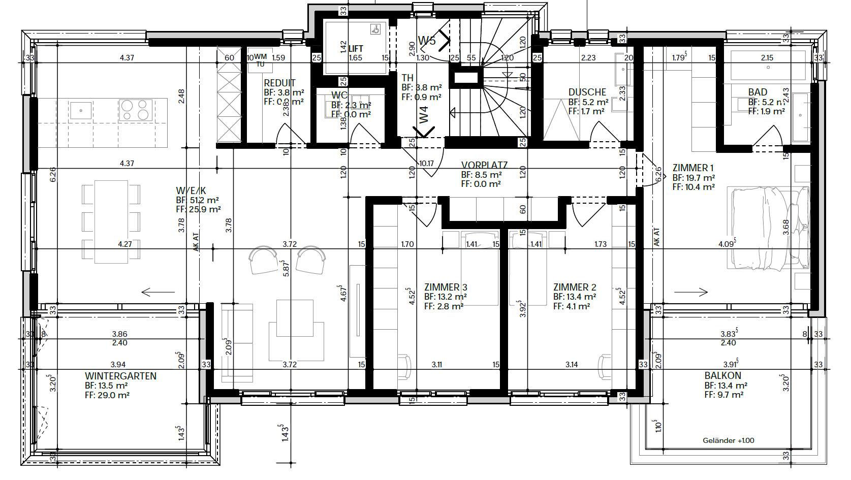 Grundriss einer Wohnung mit Wintergarten und Balkon