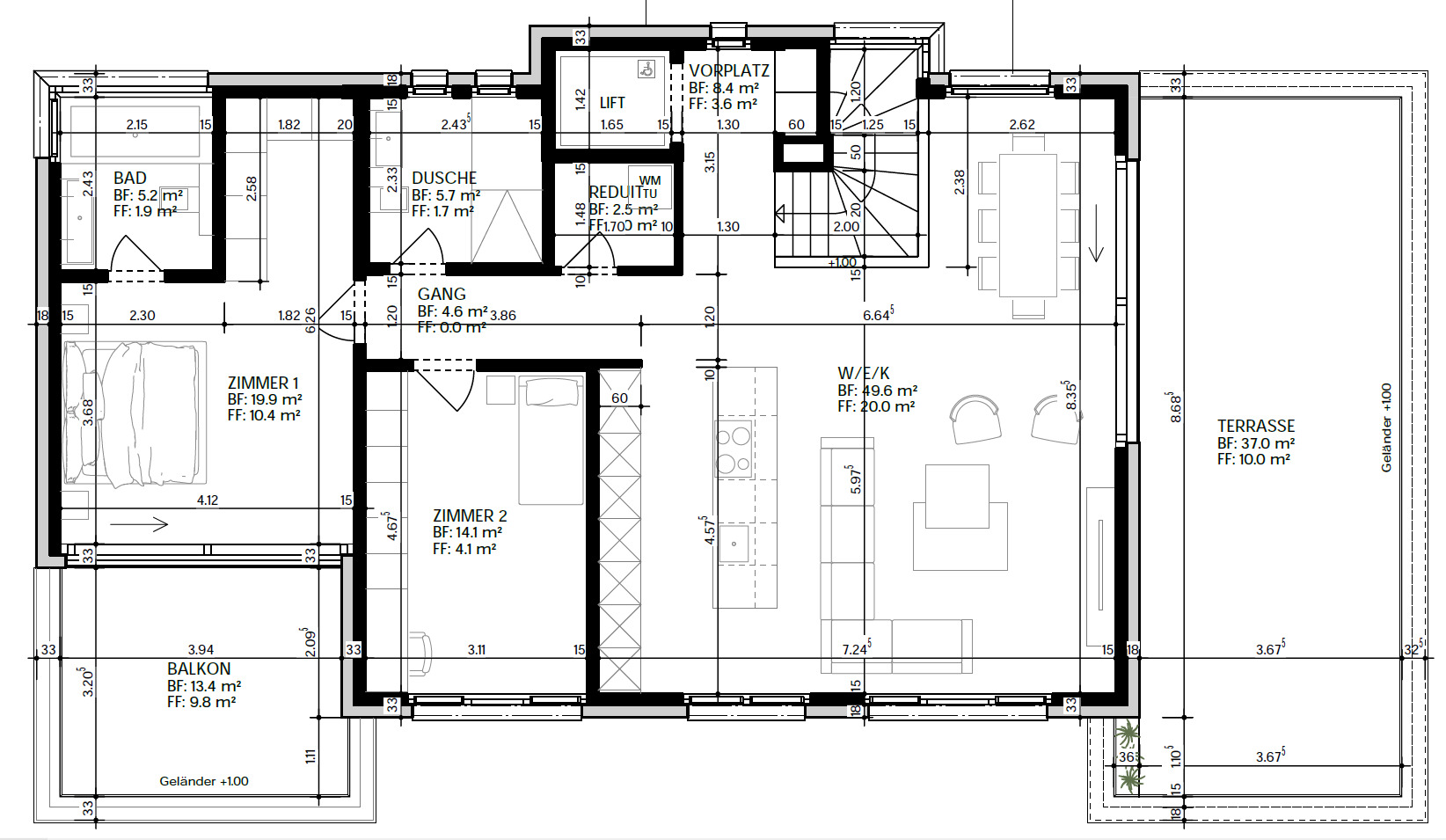 Grundriss einer Wohnung mit Balkon und Terrasse