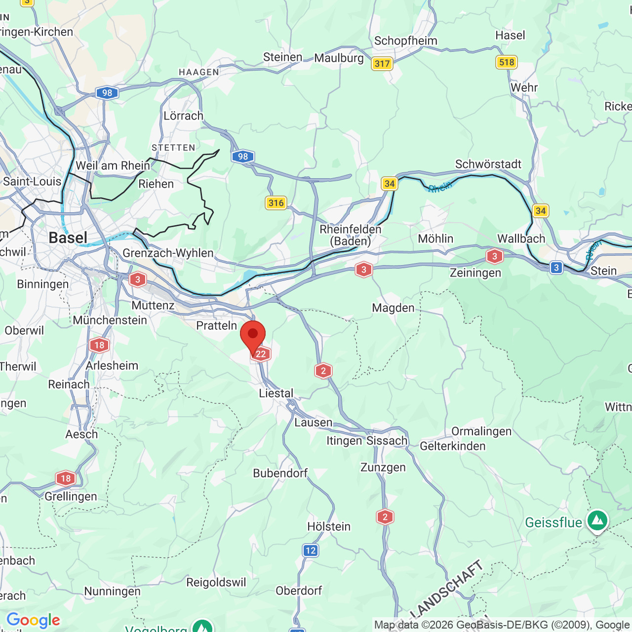 Kartenansicht einer Region in der Nähe von Basel