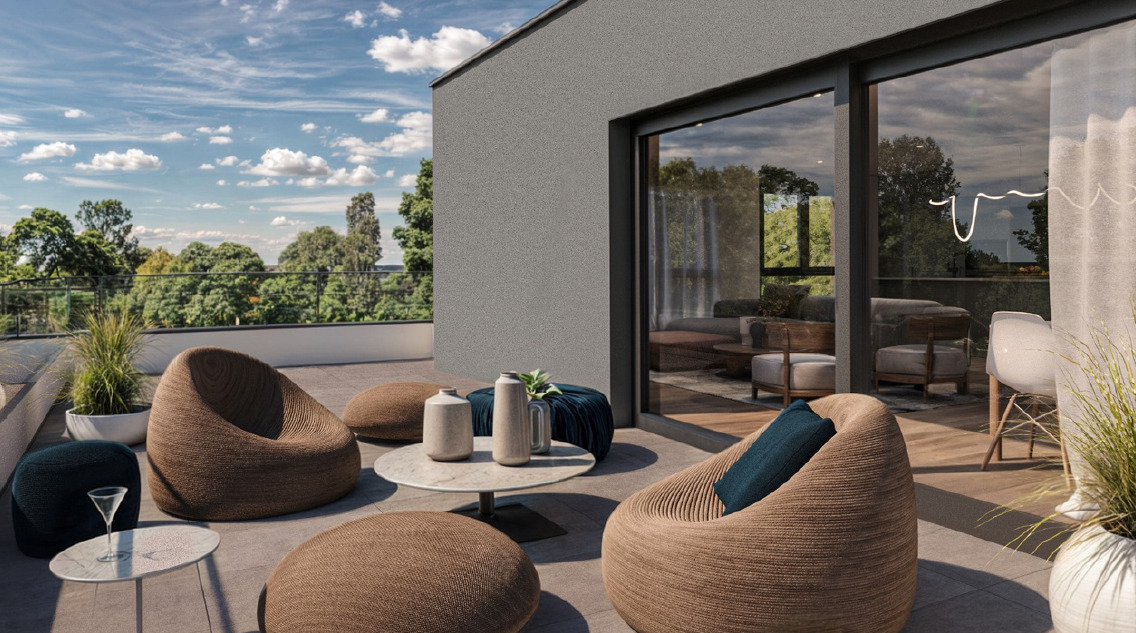 Moderne Dachterrasse mit Lounge-Möbeln