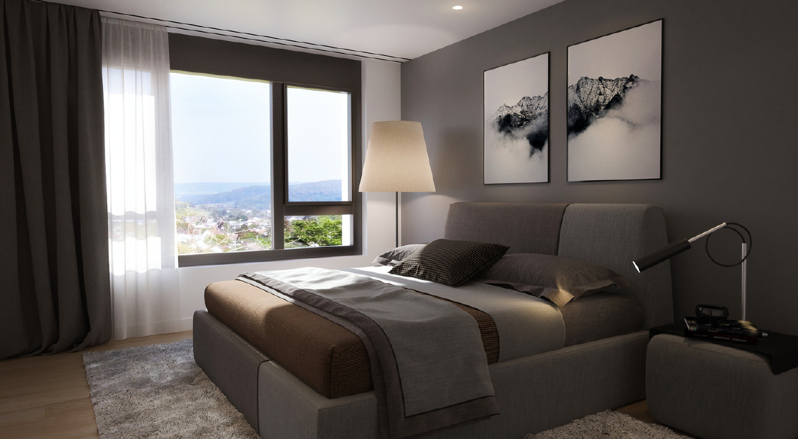 Modernes Schlafzimmer mit Bergblick