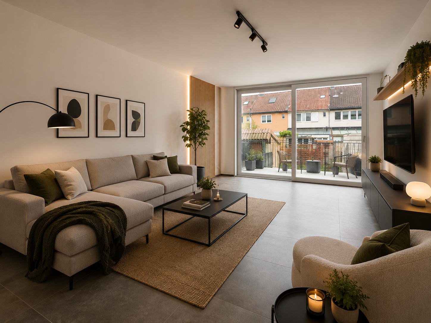 Modernes, stilvoll eingerichtetes Wohnzimmer mit Balkonblick
