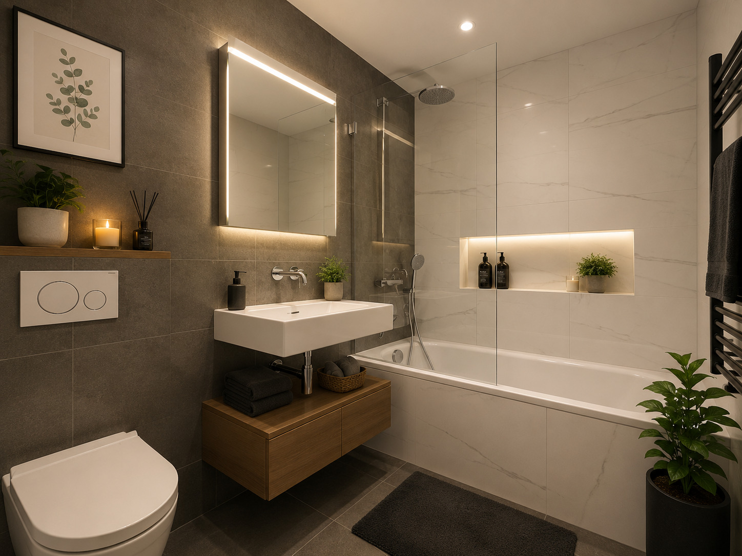 Modernes Badezimmer mit Badewanne und LED-Spiegel