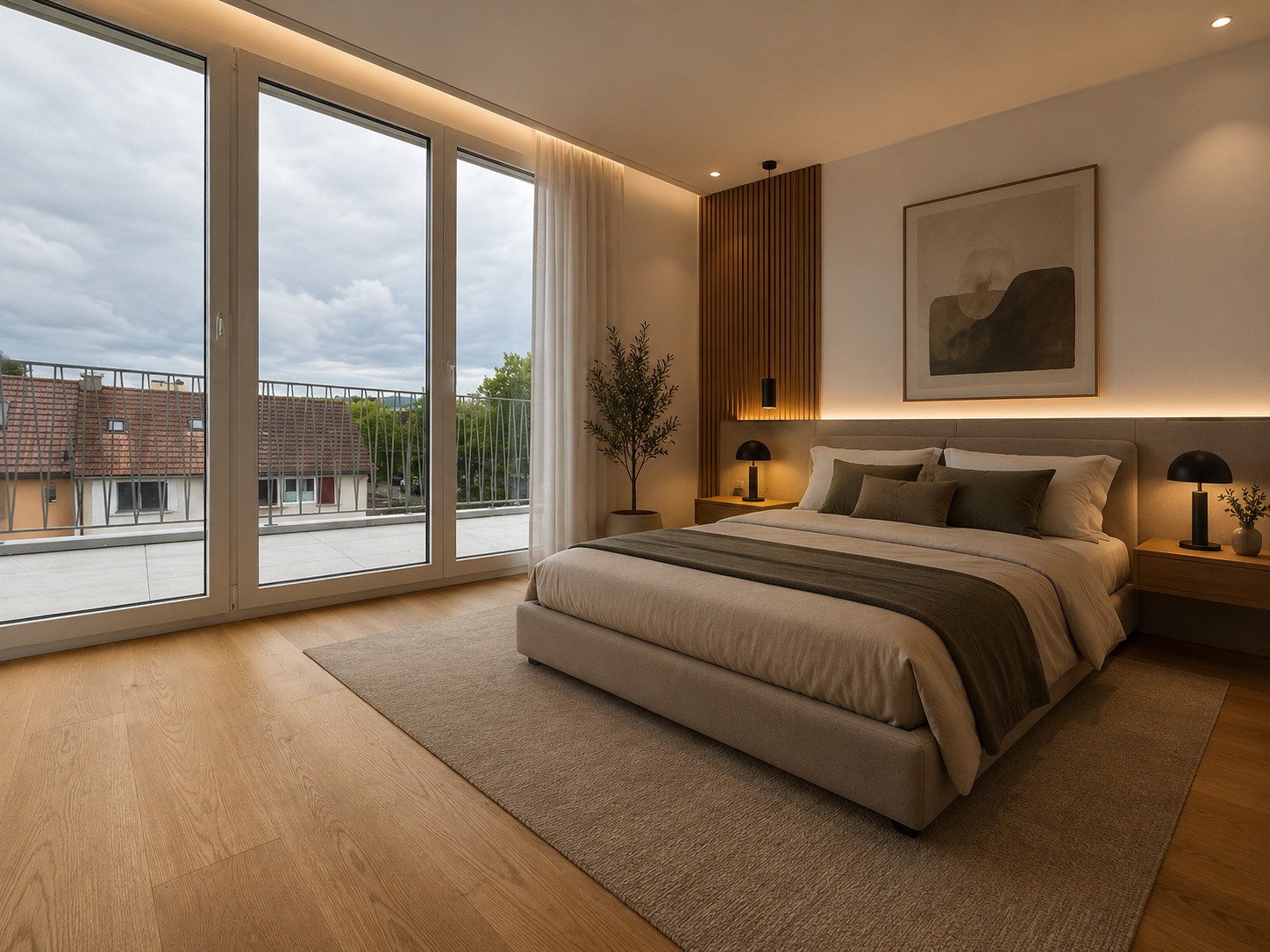 Modernes Schlafzimmer mit Balkonblick
