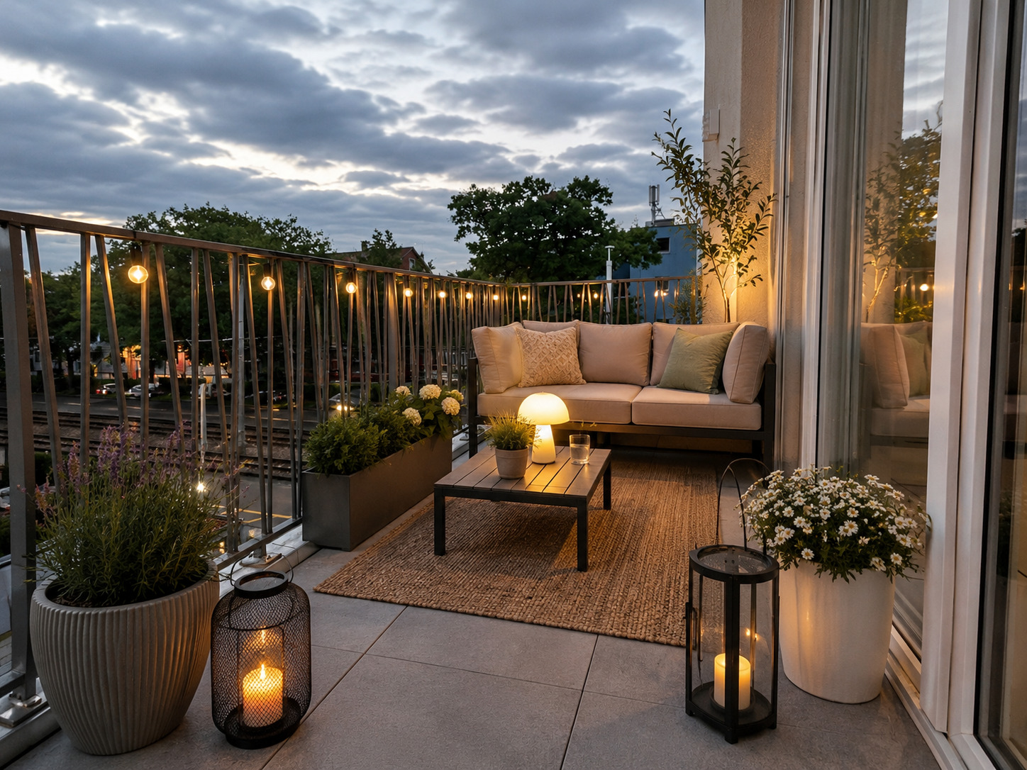 Gemütlicher Balkon bei Abenddämmerung