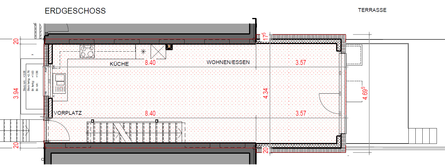 Erdgeschoss-Grundriss mit Küche, Wohnen/Essen und Vorplatz