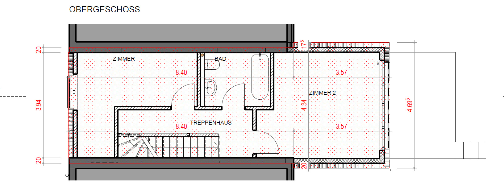 Obergeschoss-Grundriss mit zwei Zimmern, Bad und Treppenhaus