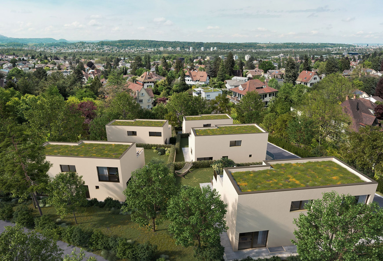 Moderne Wohnanlage mit Gründächern in grüner Umgebung