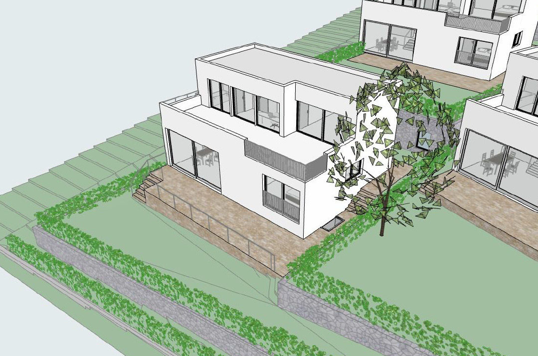 Moderne Wohnhäuser mit Terrassen und Gartenflächen